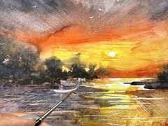 Seascape sunset river a boat sea sunset Original watercolor painting