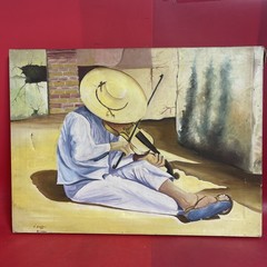 Vintage Oil Painting J. Santoyo 1980 Mexican Folk Art Violin Player