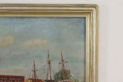 Harbor & Boats Antique Original Oil Painting, Miller 32.5″ #51894