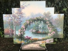 SUNG KIM Original HUGE LANDSCAPE 50″ x 40″ Floral Triptych 3 Panel Oil on Canvas