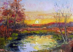 Sunset over mysterious forest lake Boundary Waters Minnesota 8×12″ Oil painting