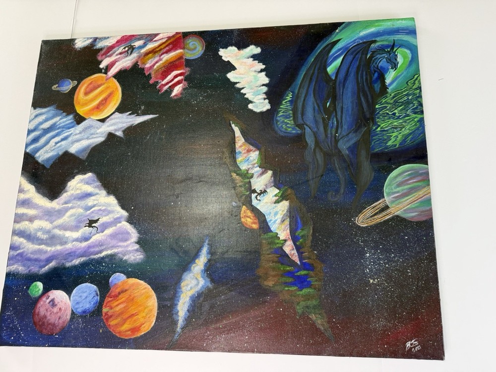 BJS Signed Original Fantasy Outer Space Planets Dragon Canvas Painting 2004