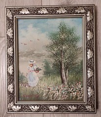 Vintage Framed Oil painting „Girl with flower basket by the lake“