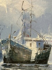 Thomas Oil Painting Blue Seascape Harbor Boats Framed Canvas Vintage 12”x14”