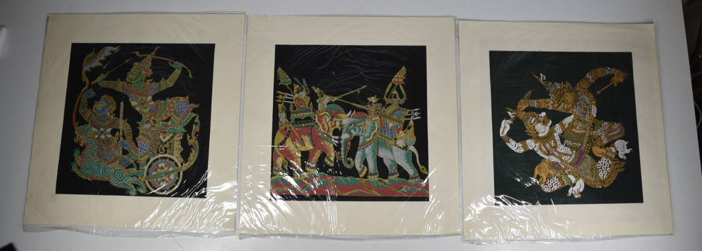 Vintage Asian Silk Screen Art Paintings MCM War Elephants Chariot Thai Ramayana