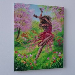 Original Oil Portrait Painting Spring Dancing Woman Blossom Garden Canvas Art
