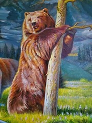 ✔Antique Original Oil Painting Summer Landscape with Mountains and the Bears