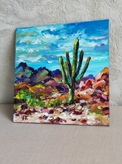 Original oil painting Arizona Cactus Saguaro artwork Landscape wall art 8*8 in
