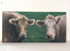 Vintage Original Oil on Board Cow Painting 30×14.5″ signed CRT