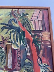 LARGE PAINTING MID CENTURY LANDSCAPE COASTAL TROPICAL PALMS MODERNIST MYSTERY