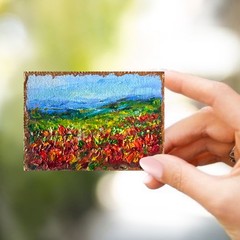 ACEO Original Poppy Field Oil Painting Nature Impasto 2.5×3.5in Signed OS