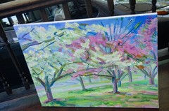 Two color Blossom Cherry Landscape – Oil Painting by Nikolay Budylin, Signed Art