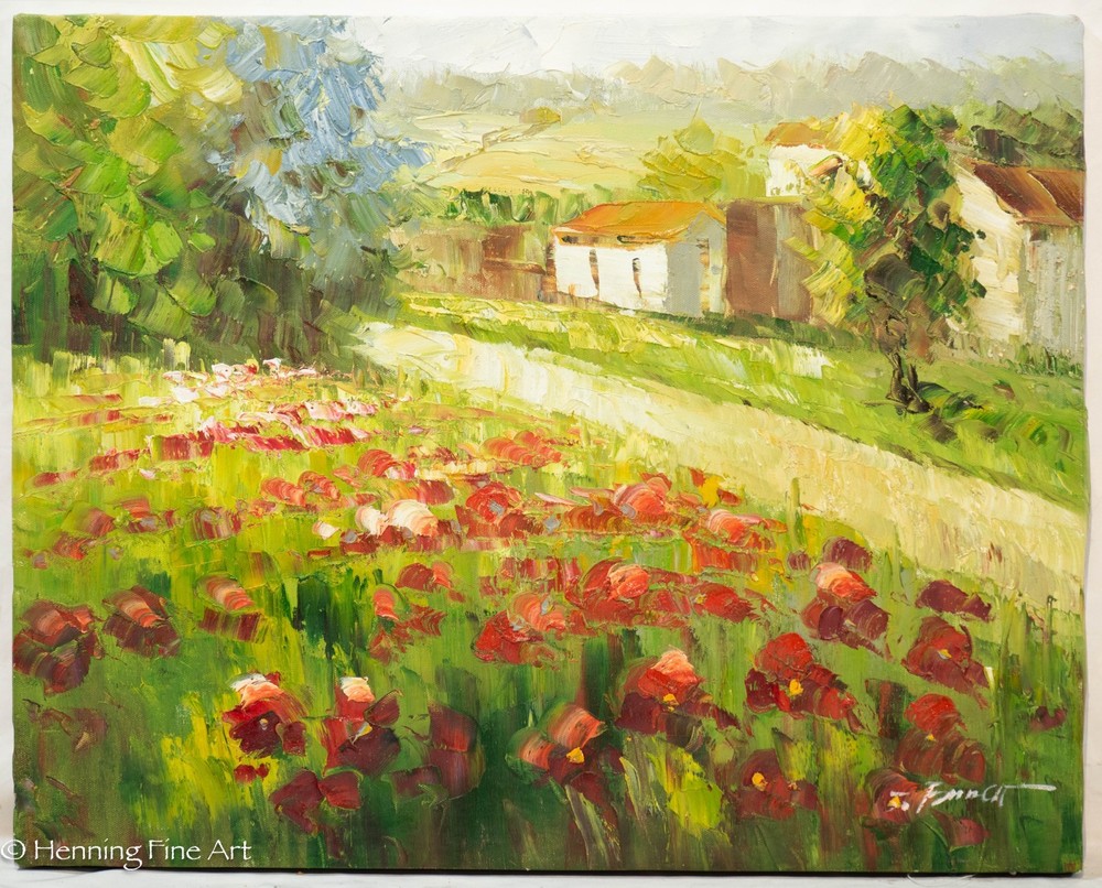 Lovely Impressionist Painting Red Poppy Flower Landscape Signed 16×20″