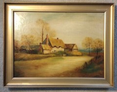 Antique 1920 Canvas Painting of English Cottage, 22 1/4″ x 16 1/16″