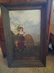 Antique Folk Art Pastoral Oil Painting in Original Carved Wood Frame — 32″ x 18″