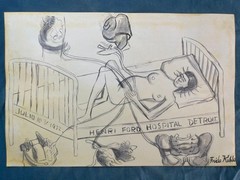 FRIDA KAHLO drawing and painting on old paper signed stamped vintage