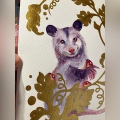 Original Possum Painting Opossum Watercolor Mix Art Gold Accents Whimsical EAE