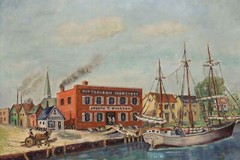 Harbor & Boats Antique Original Oil Painting, Miller 32.5″ #51894