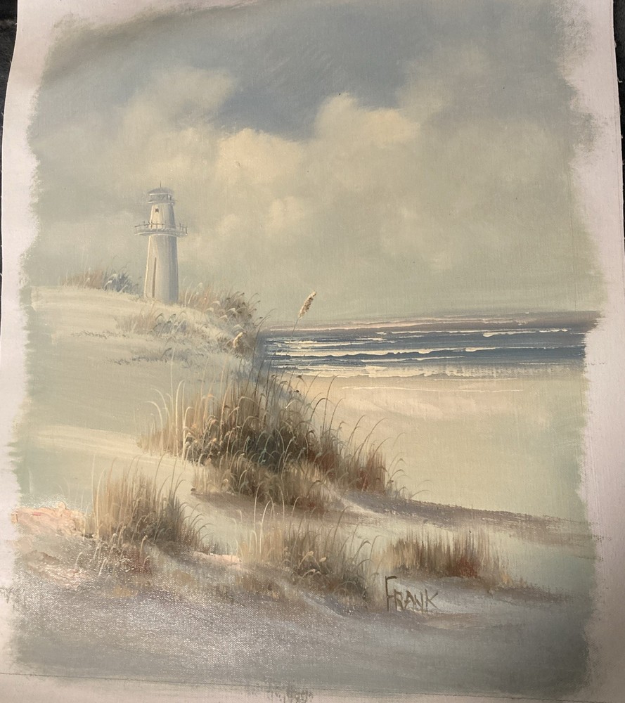 19”x22.75” Canvas Handpainted Beachside Lighthouse Scene Unframed