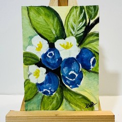 Original Blueberry Flowers ACEO Painting Watercolor Fruit OOAK Miniature Art NEW
