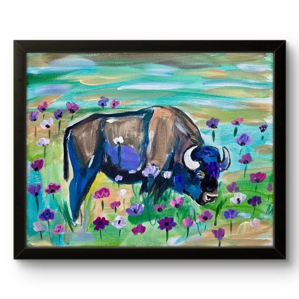 Original Expressionist 11×14 Native Art Buffalo Painting Teal Wall Art Canvas