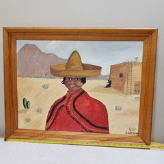 Original Oil Painting Framed Southwestern Boy Portrait Folk Art Desert Scene