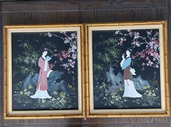 VTG Oil on Canvas Japanese Geisha Women Cherry Blossom Bamboo Frame Set Signed
