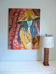 Blue Bohemian Lady Original Oil Painting N Schuler 1973 Yellow Hat Mid Century