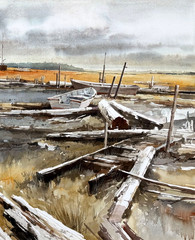 1970s CHALLIS GALLERIES Coastal Harbor Scene Watercolor by Ritchie Benson