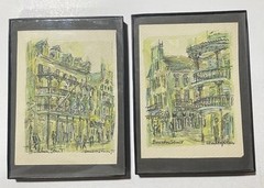 Pair Vtg Donabeth Jones Bourbon Street New Orleans Watercolors MCM Signed Framed