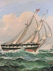 Robert Sanders Oil Painting of Two Masted British Warship Canvas Wood Frame