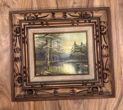 Original Oil on Canvas Woodland Lake Landscape Painting Signed 10×8 Carved Frame