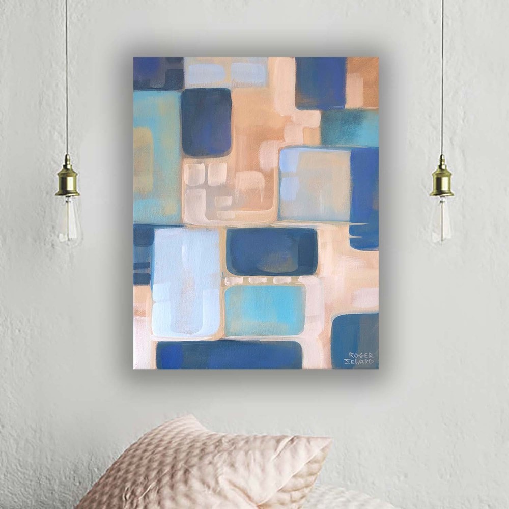 small original abstract painting geometric blue tones 11 x 14 on canvas board