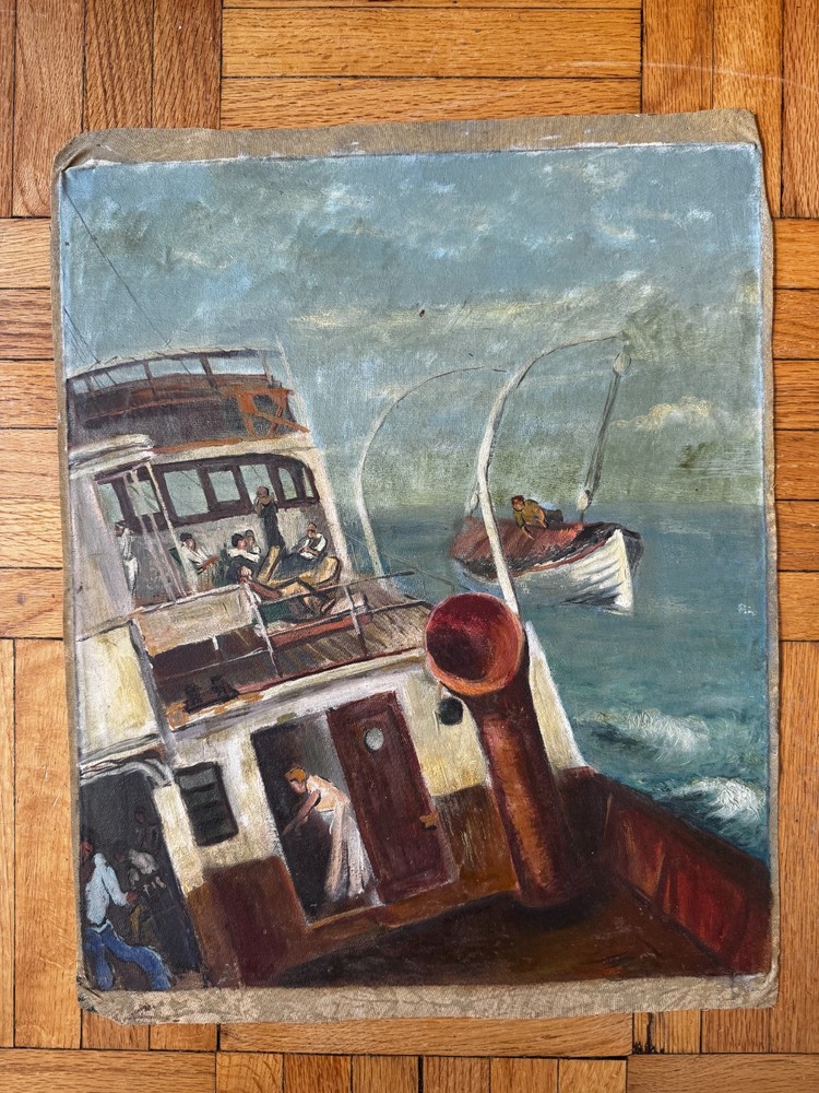 Vintage 1930s Oil on Canvas Landscape Nautical Boat Scene 15×19 Jean Schweckler