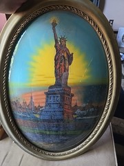 Statue of Liberty Antique USA Art Deco Glass Painting Gold Gesso Gilt Wood Frame