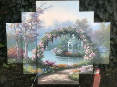 SUNG KIM Original HUGE LANDSCAPE 50″ x 40″ Floral Triptych 3 Panel Oil on Canvas