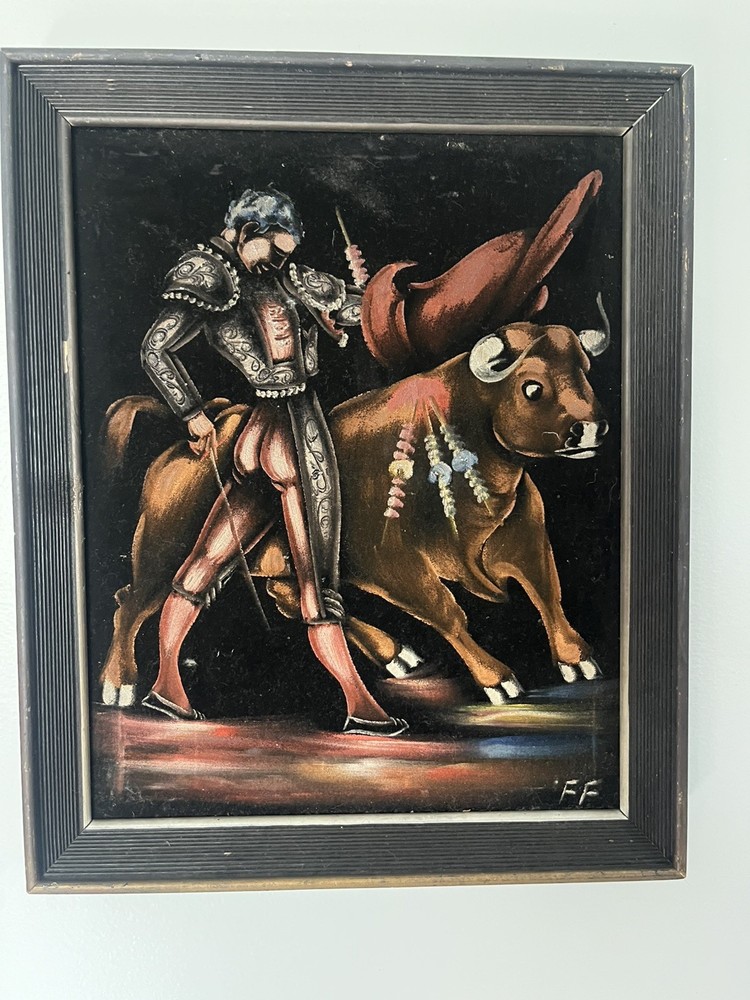 Vintage MCM Matador Bull Fighting Velvet Painting Hand Painted signed FG 15×19