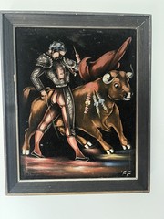 Vintage MCM Matador Bull Fighting Velvet Painting Hand Painted signed FG 15×19