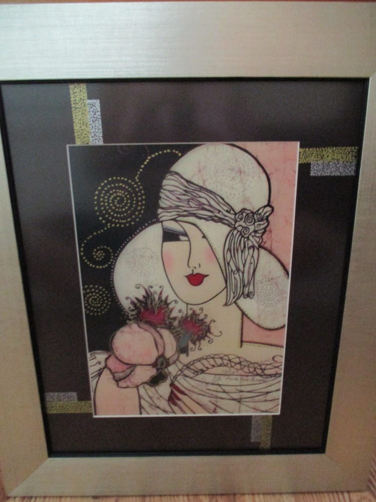 PAULA MAE GREEN Art Deco Style SIGNED Artist Enhanced WOMAN IN WHITE HAT Framed