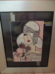 PAULA MAE GREEN Art Deco Style SIGNED Artist Enhanced WOMAN IN WHITE HAT Framed