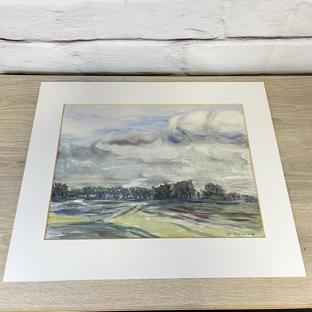 Original Watercolor Painting Signed C. Dolk Storm Grass Clouds 19.5×16″ Scenic