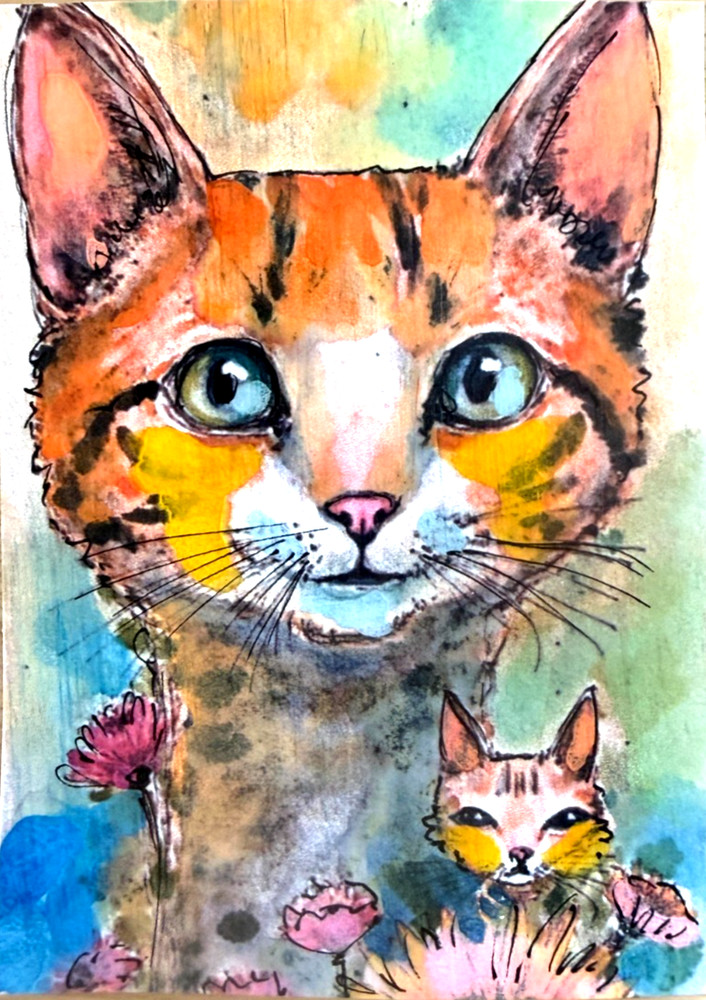 Original Cat & Kitten ACEO Watercolor Painting OOAK Feline Art Miniature