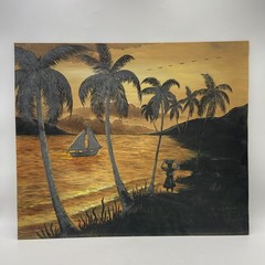 VTG 1975 Painting Artist E Previl Haiti Golden Hour Sailboat Caribbean Landscape