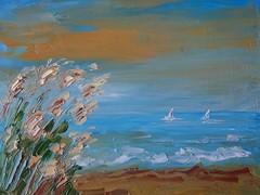 Framed Calm Seascape Sailboats Coastal Reeds Seashore 6×8” Oil Painting Original