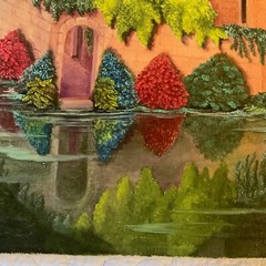 Vintage 70s landscape pink castle original painting hand painted by Robins