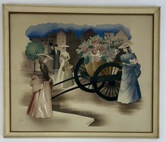 Vtg. Street Scene Flower Cart Newman Decor Watercolor Original Peters 1940’s /j