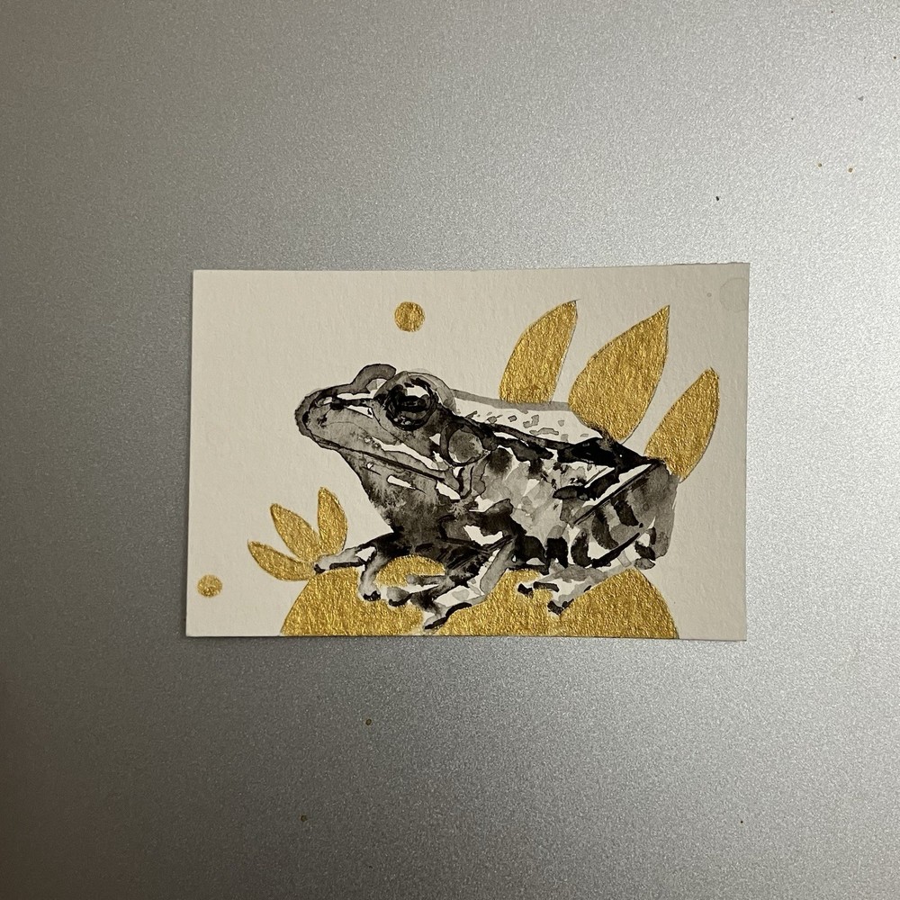 Original Frog Painting Realism Miniature Sumi-e Gold Accent Farm Art collectible