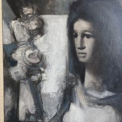 Antonin Marek Machourek Signed Abstarct Figure Oil Painting Monochrome 21”x25”