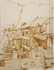 Alley with Village View City / Pen Drawing 1920