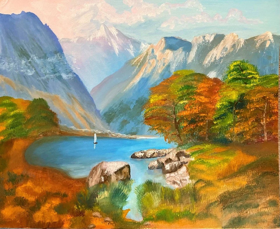 Hand-Painted Oil Painting Autumn Mountain Lake Landscape Canvas Wall Art MQ1778